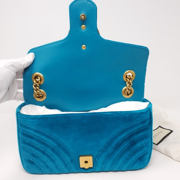 Gucci Small Marmont Velvet Chevron Teal Crossbody - Picture 7 of 12
